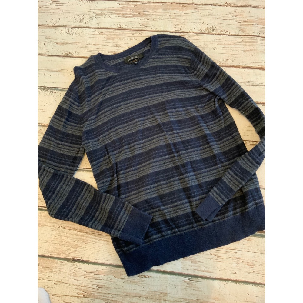 Marc Anthony Mens Luxury Blend Slim‎ Fit Striped Sweater Navy Blue Grey Large L